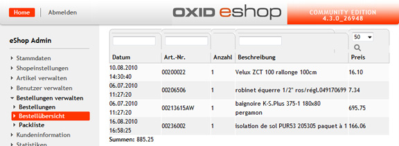OXID - orders summary