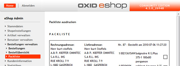 OXID - packing list