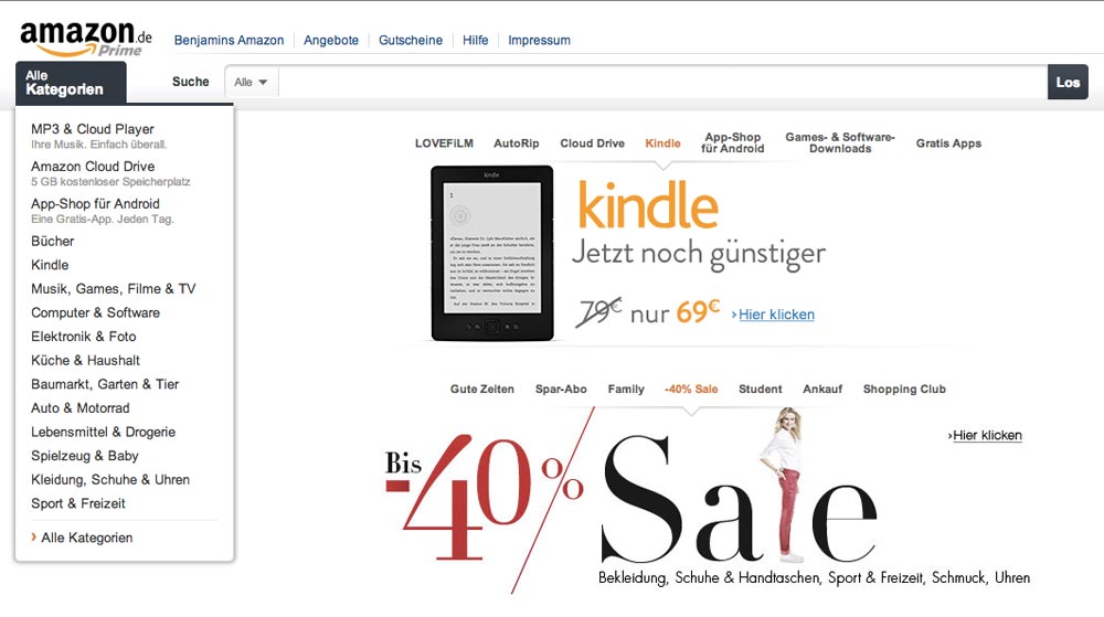 Malgré la pléthore d’offres, amazon réussit à offrir un système de menus clair Malgré la pléthore d’offres, amazon réussit à offrir un système de menus clair