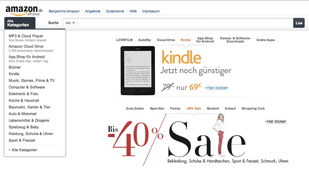 Malgré la pléthore d’offres, amazon réussit à offrir un système de menus clair 