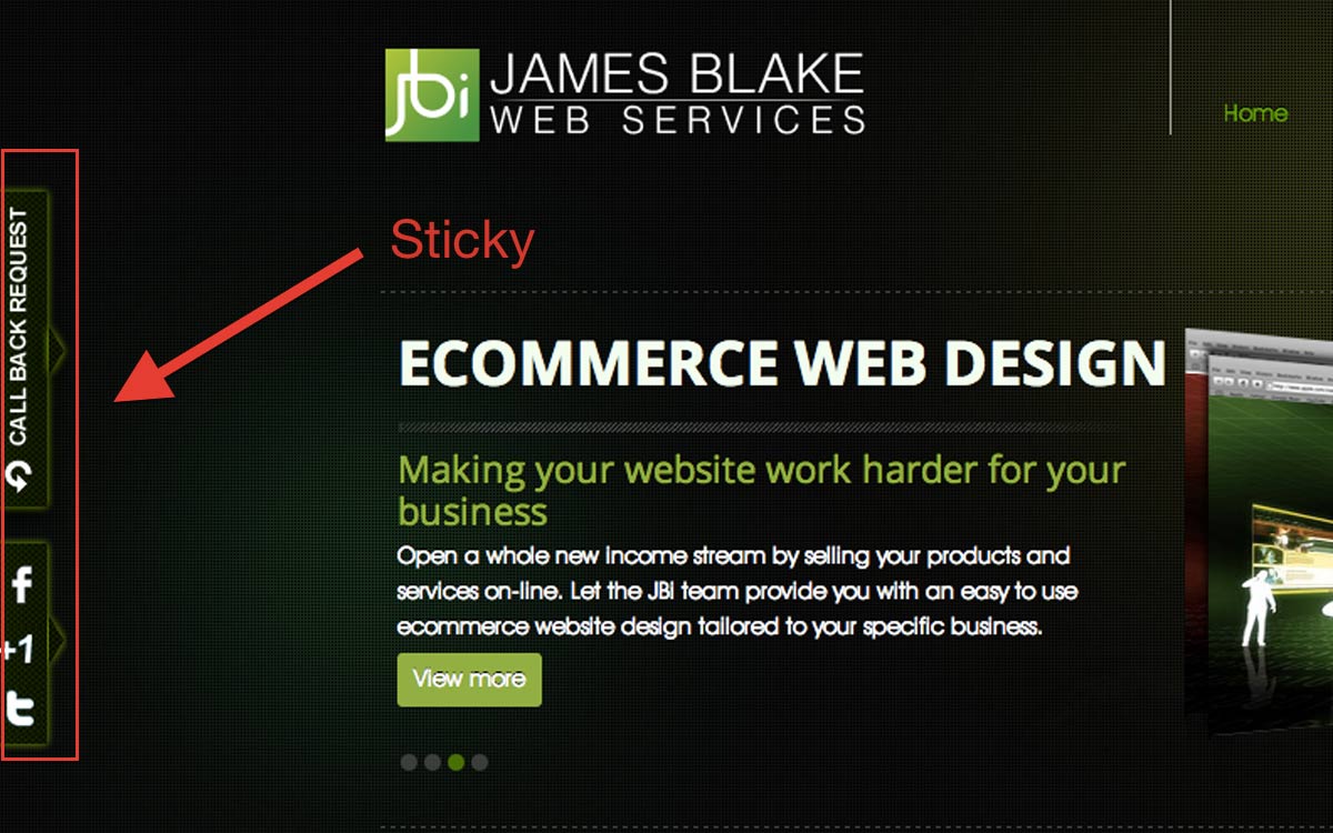 James Blake integrates social media buttons with a fixed sidebar. James Blake integrates social media buttons with a fixed sidebar.