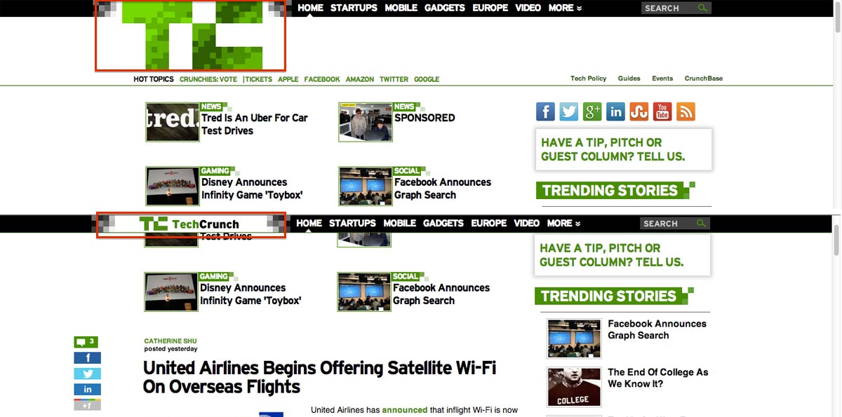 TechCrunch reduced the size of the logo when scrolling. TechCrunch reduced the size of the logo when scrolling.