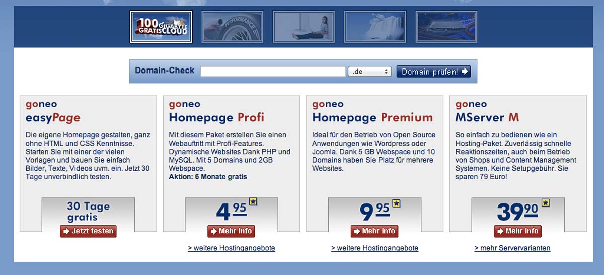 goneo propose trois packs d'hébergement web différents 